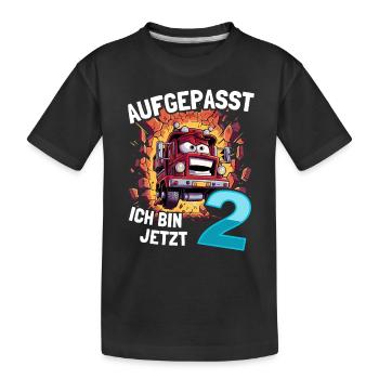 Aufgepasst Ich bin jetzt 2 Geburtstag Feuerwehauto - Kinder Premium Bio T-Shirt - Schwarz - Vorne