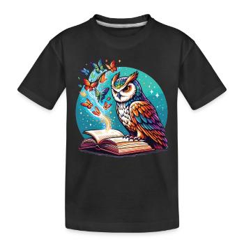 Büchertraum mit Eule und Schmetterlingen - Kinder Premium Bio T-Shirt - Schwarz - Vorne