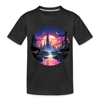 Futuristic cyberpunk cityscape, synthwave style - Kids' Premium Organic T-Shirt - black - Front
