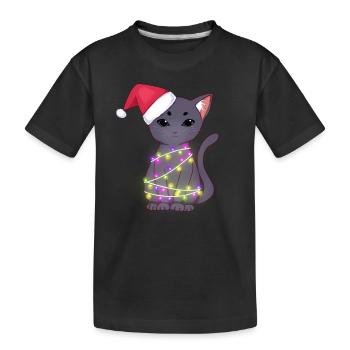 Chat noir mignon portant le chapeau de père Noël, lumières de Noël - T-shirt bio Premium Enfant - noir - Devant