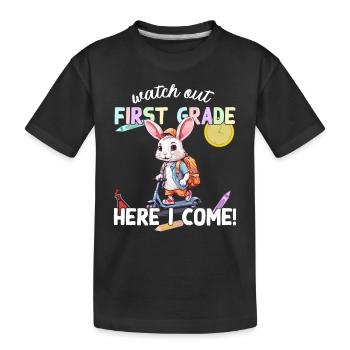 Lapin drôle sur scooter Retour à la conception de l’école - T-shirt bio Premium Enfant - noir - Devant