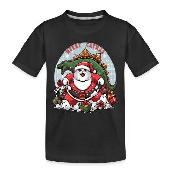 Fat cat as Santa and dinosaur destroying presents, - Kids' Premium Organic T-Shirt - black - Front