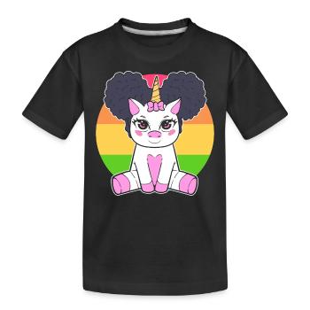 Schwarzes Mädchen Niedliches Einhorn Afro Haar - Kinder Premium Bio T-Shirt - Schwarz - Vorne