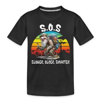 S.O.S Slower Older Smarter. Hiking, Sloth, - Kids' Premium Organic T-Shirt - black - Front