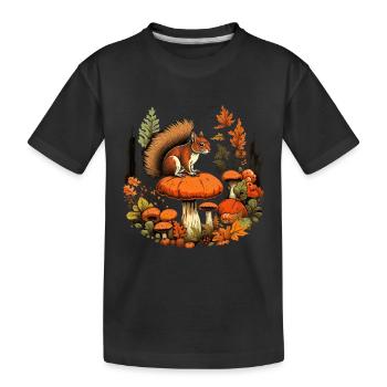 Herbst Eichhörnchen auf Orange Pilz Wald Szene - Kinder Premium Bio T-Shirt - Schwarz - Vorne