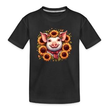 Cochon avec arc et tournesols - T-shirt bio Premium Enfant - noir - Devant