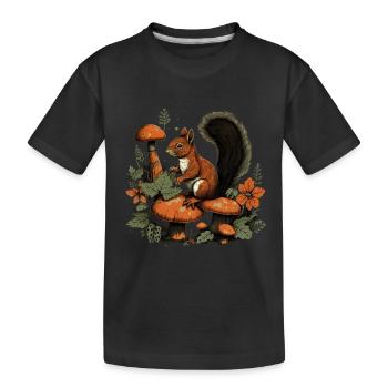 Herbst Eichhörnchen auf Orange Pilz Wald Szene - Kinder Premium Bio T-Shirt - Schwarz - Vorne