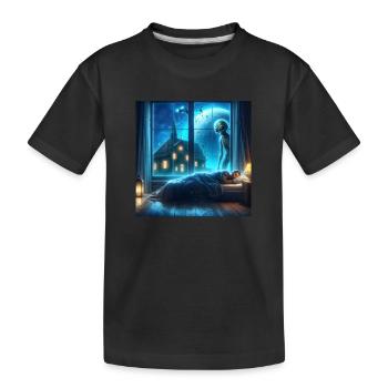 Alien observes sleeping human - Kids' Premium Organic T-Shirt - black - Front