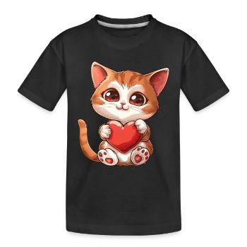Adorable Kitten Holding Heart With Big Eyes - Kids' Premium Organic T-Shirt - black - Front