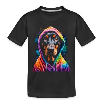 Dobermann Hoodie Hund Bunt Lustig Tier Print - Kinder Premium Bio T-Shirt - Schwarz - Vorne