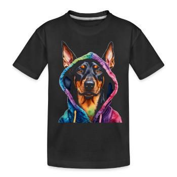 Dobermann Hoodie Hund Bunt Lustig Tier Print - Kinder Premium Bio T-Shirt - Schwarz - Vorne