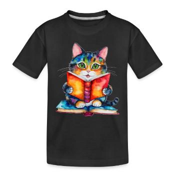 Katze Lesen Buch Bunt Lustig Tier Design Print - Kinder Premium Bio T-Shirt - Schwarz - Vorne