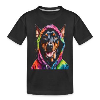 Dobermann Hoodie Hund Bunt Lustig Tier Print - Kinder Premium Bio T-Shirt - Schwarz - Vorne