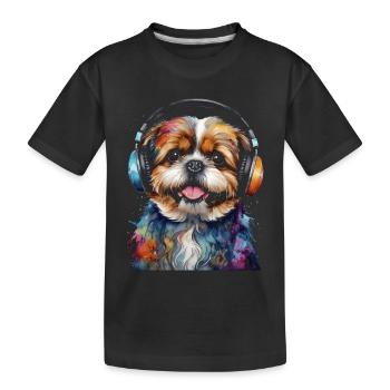 Shih Tzu Kopfhörer Hund Lustig Tier Design Print - Kinder Premium Bio T-Shirt - Schwarz - Vorne