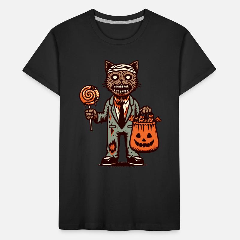 Untote Zombie Katze Süßes Oder Saures Halloween Kinder Premium Bio T-Shirt
