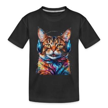 Katze Kopfhörer Bunt Lustig Tier Design Print - Kinder Premium Bio T-Shirt - Schwarz - Vorne