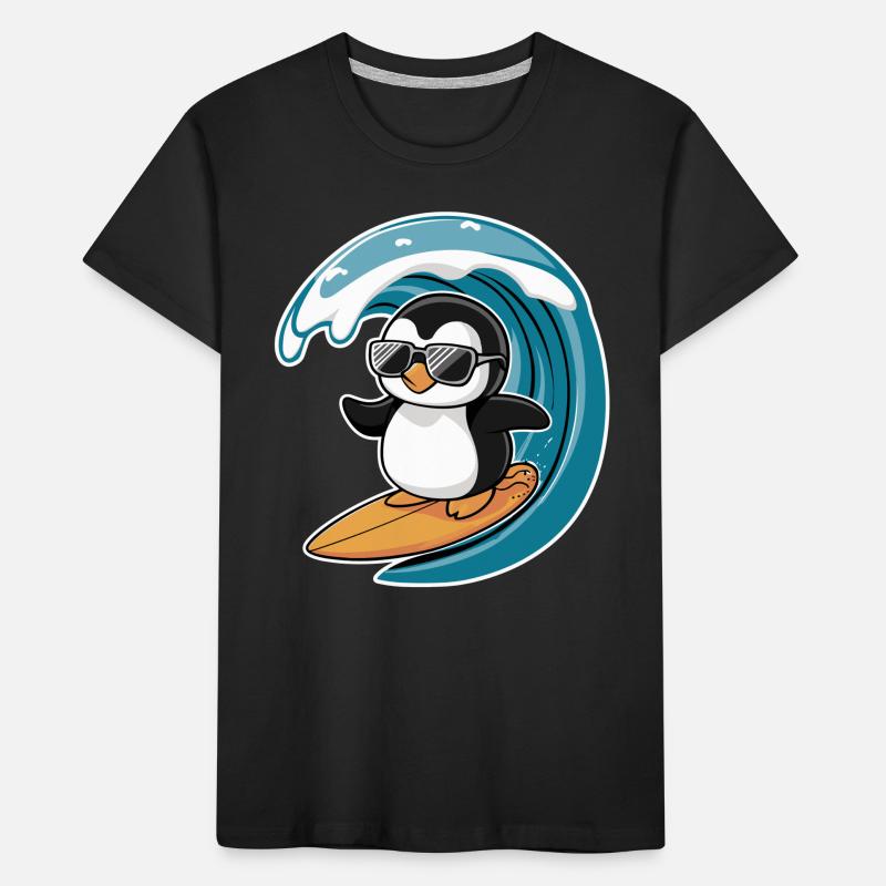 Cool penguin on surfboard under wave Kids' Premium Organic T-Shirt