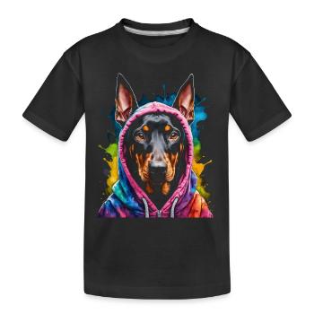 Dobermann Hoodie Hund Bunt Lustig Tier Print - Kinder Premium Bio T-Shirt - Schwarz - Vorne