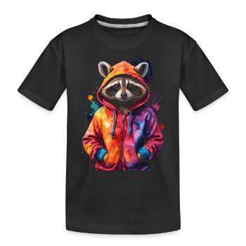 Waschbär Hoodie Bunt Lustig Tier Design Print - Kinder Premium Bio T-Shirt - Schwarz - Vorne