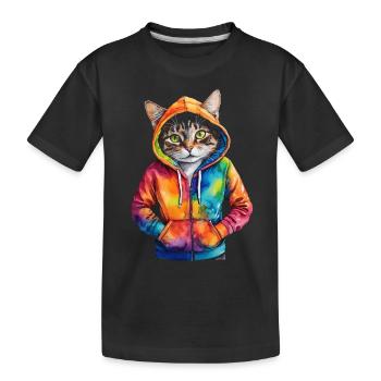 Katze Hoodie Bunt Lustig Tier Design Print - Kinder Premium Bio T-Shirt - Schwarz - Vorne