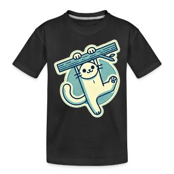 Happy White Cat hanging from a branch - Kids' Premium Organic T-Shirt - black - Front