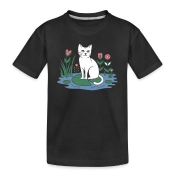 Cottagecore cat on lily pad in the garden - Kids' Premium Organic T-Shirt - black - Front