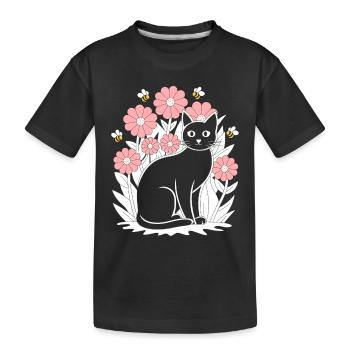 Cottagecore Idylle: Schwarze Katze mit Blumen und - Kinder Premium Bio T-Shirt - Schwarz - Vorne