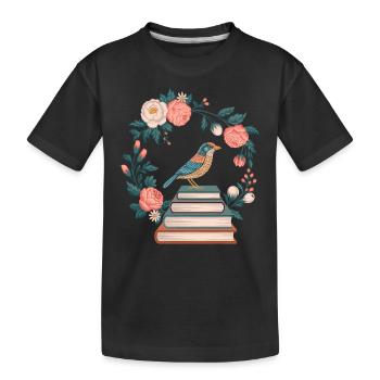 Cottagecore oiseau et fleurs pile de livres - T-shirt bio Premium Enfant - noir - Devant