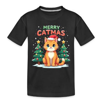Merry Catmas – Katze mit Weihnachtsstrumpf - Kinder Premium Bio T-Shirt - Schwarz - Vorne