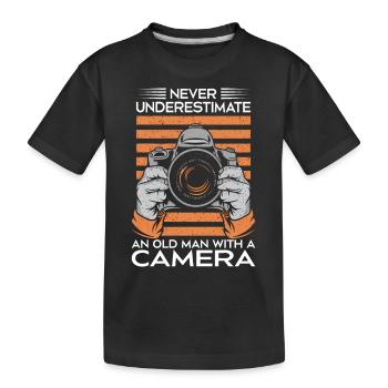 Unterschätzen Sie niemals einen alten Mann mit einer Kamera - Kinder Premium Bio T-Shirt - Schwarz - Vorne