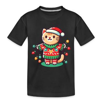 Weihnachtliche Katze Mit Lichterkette - Kinder Premium Bio T-Shirt - Schwarz - Vorne