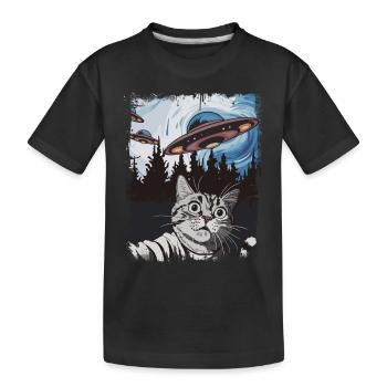 Lustige Katze Selfie UFO Grafik - Kinder Premium Bio T-Shirt - Schwarz - Vorne