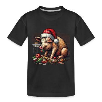 Greedy Christmas Pig with Hat - Kids' Premium Organic T-Shirt - black - Front