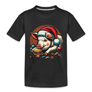 Greedy Christmas piglet in festive style - Kids' Premium Organic T-Shirt - black - Front