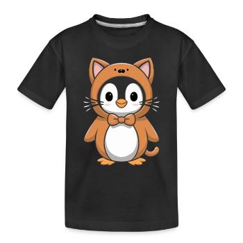 Penguin in cat costume with bow - Kids' Premium Organic T-Shirt - black - Front