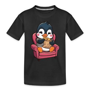 Süßer Pinguin mit Snacks auf Sessel - Kinder Premium Bio T-Shirt - Schwarz - Vorne
