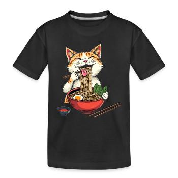 Cat and Ramen, Digital Art Cat - Kids' Premium Organic T-Shirt - black - Front