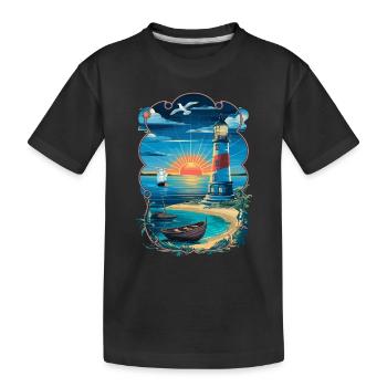 Phare coucher de soleil au bord de la mer avec voilier - T-shirt bio Premium Enfant - noir - Devant