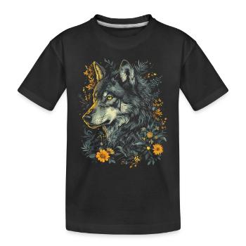 Wolf Wolfskopf Blumen Pflanzen Natur Wildnis Kunst - Kinder Premium Bio T-Shirt - Schwarz - Vorne