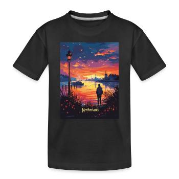 Evening atmosphere in the Netherlands with windmills - Kids' Premium Organic T-Shirt - black - Front