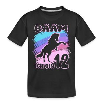 Bääm ich bin 12 | Pferde Mädchen | Reiterin - Kinder Premium Bio T-Shirt - Schwarz - Vorne
