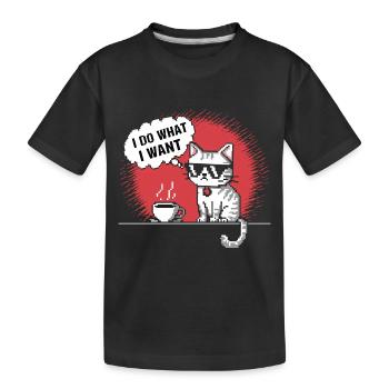 Pixel Cat with Coffee Cup T-Shirt - Kids' Premium Organic T-Shirt - black - Front