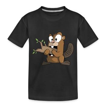 Funny beaver nibbles on the tree stump - Kids' Premium Organic T-Shirt - black - Front