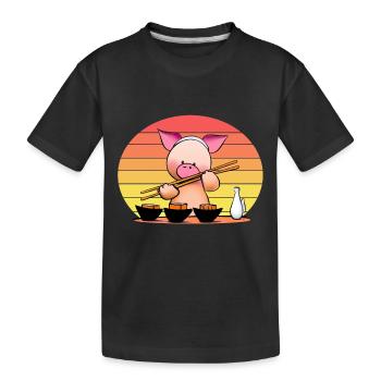 Pork tries sushi with chopsticks - Kids' Premium Organic T-Shirt - black - Front