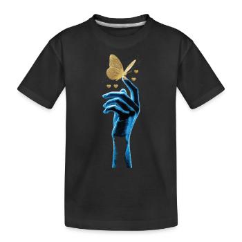 Golden butterfly on glowing hand - Kids' Premium Organic T-Shirt - black - Front