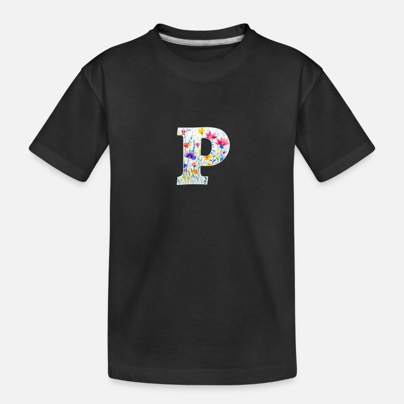 Buchstabe P, Monogramm, Blumenmuster - Kinder Premium Bio T-Shirt - Schwarz