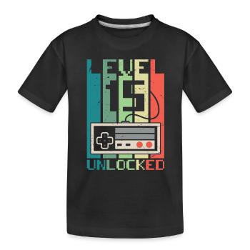 Level 15 freigeschaltet - Kinder Premium Bio T-Shirt - Schwarz - Vorne