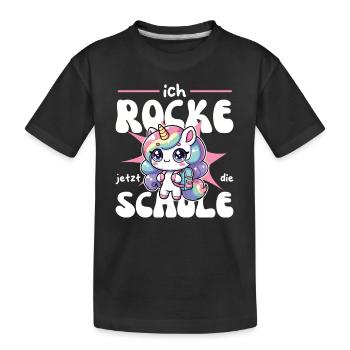 Einschulung Einhorn ich rocke jetzt die Schule - Kinder Premium Bio T-Shirt - Schwarz - Vorne