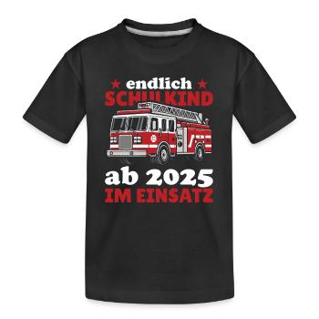 endlich Schulkind ab 2025 im Einsatz Feuerwehr - Kinder Premium Bio T-Shirt - Schwarz - Vorne