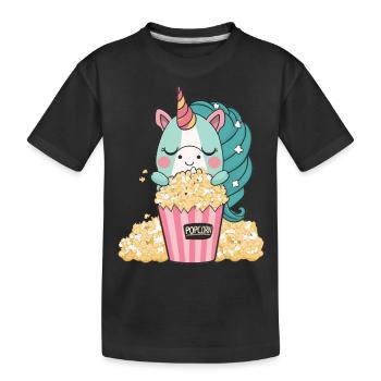 Buntes, süßes Einhorn isst leckeres Butter-Popcorn - Kinder Premium Bio T-Shirt - Schwarz - Vorne